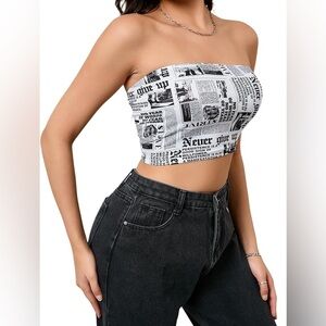 Superdown Newspaper Print Strapless Crop Top Sz XS